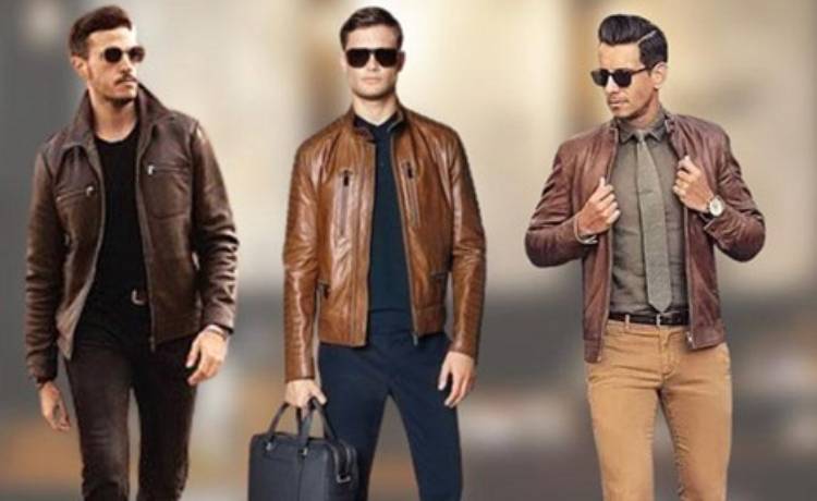 استایل با کت چرم عسلی مردانه