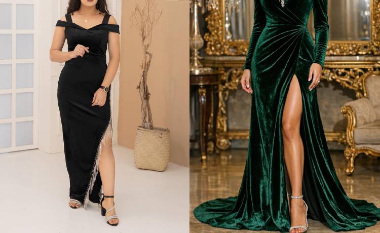 لباس مخمل بلند با شکاف کنار