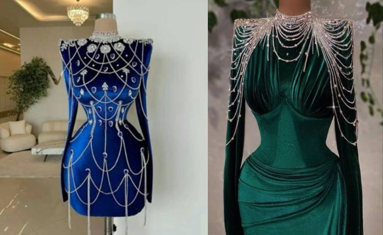 مدل لباس مجلسی مخمل کوتاه با کار سنگ و کریستال