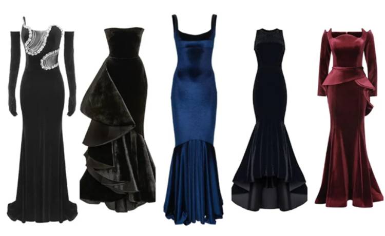 مدل لباس مخمل بلند با یقه بدون بند