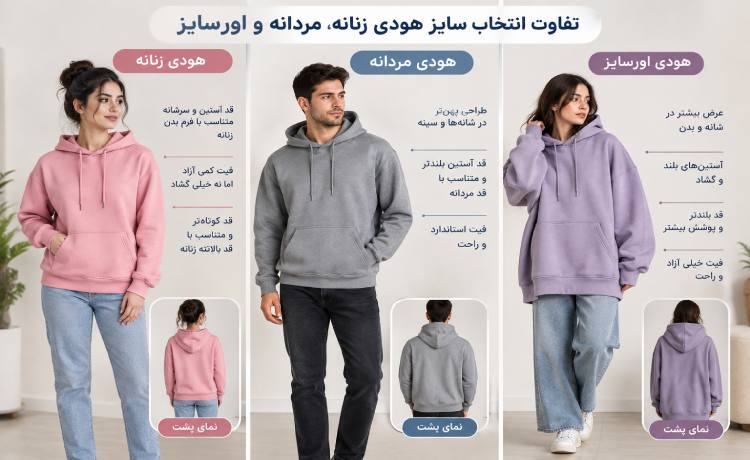تفاوت انتخاب سایز هودی زنانه، مردانه و اورسایز