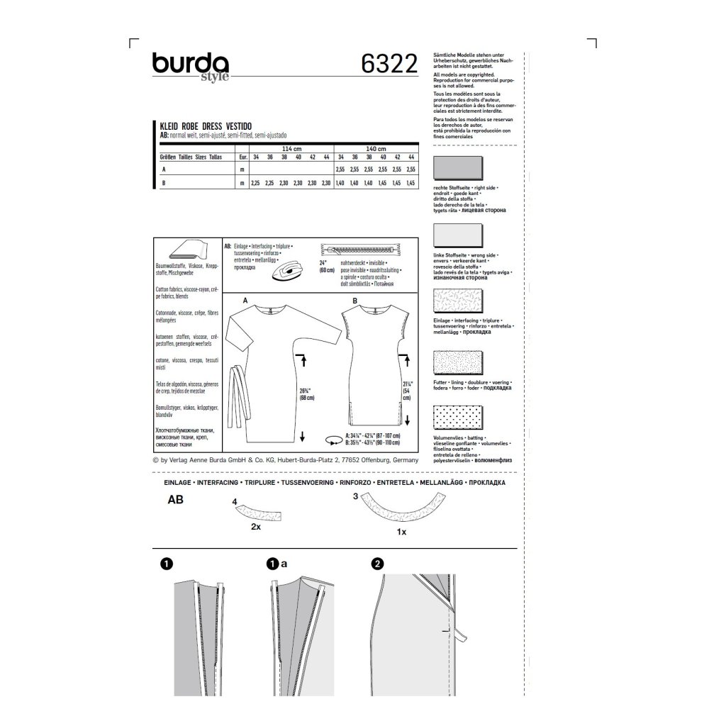 فروش اینترنتی الگو خیاطی پیراهن زنانه بوردا استایل کد 6322 سایز 34 تا 44 متد مولر