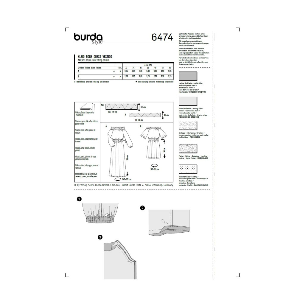 فروش اینترنتی الگوی خیاطی پیراهن مجلسی زنانه بوردا استایل کد 6474 سایز 32 تا 44 متد مولر