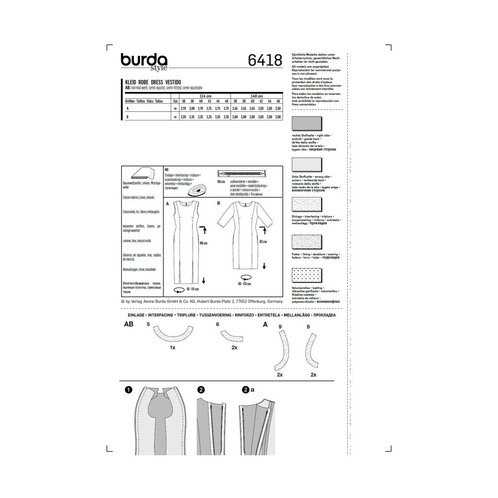 خرید اینترنتی الگو خیاطی پیراهن زنانه بوردا استایل کد 6418 سایز 36 تا 46 متد مولر