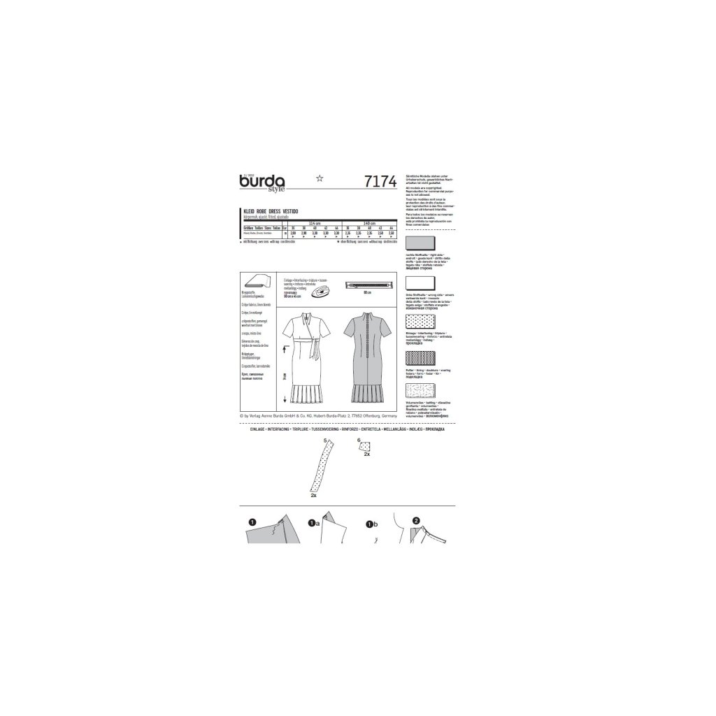 فروش اینترنتی الگو خیاطی پیراهن زنانه بوردا استایل کد 7174 سایز 36 تا 44 متد مولر