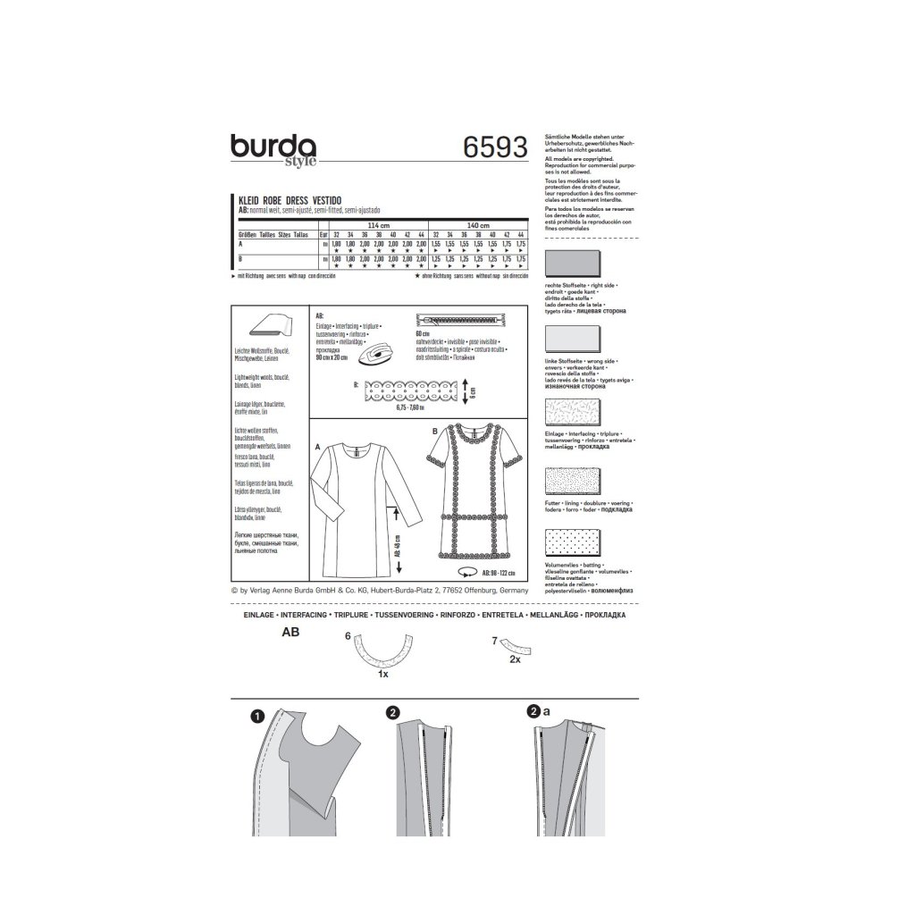 فروش اینترنتی الگو خیاطی پیراهن زنانه بوردا استایل کد 6593 سایز 32 تا 44 متد مولر