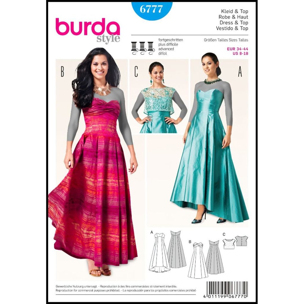 فروش اینترنتی الگو خیاطی لباس مجلسی زنانه بوردا استایل کد 6777 سایز 34 تا 44 متد مولر