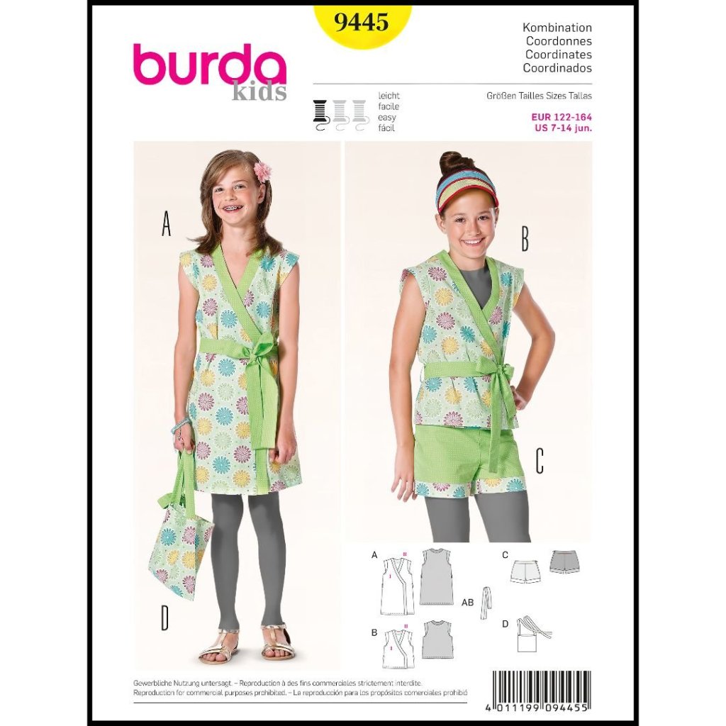 الگو خیاطی ست لباس دخترانه بوردا کیدز کد 9445 سایز 7 تا 14 سال متد مولر