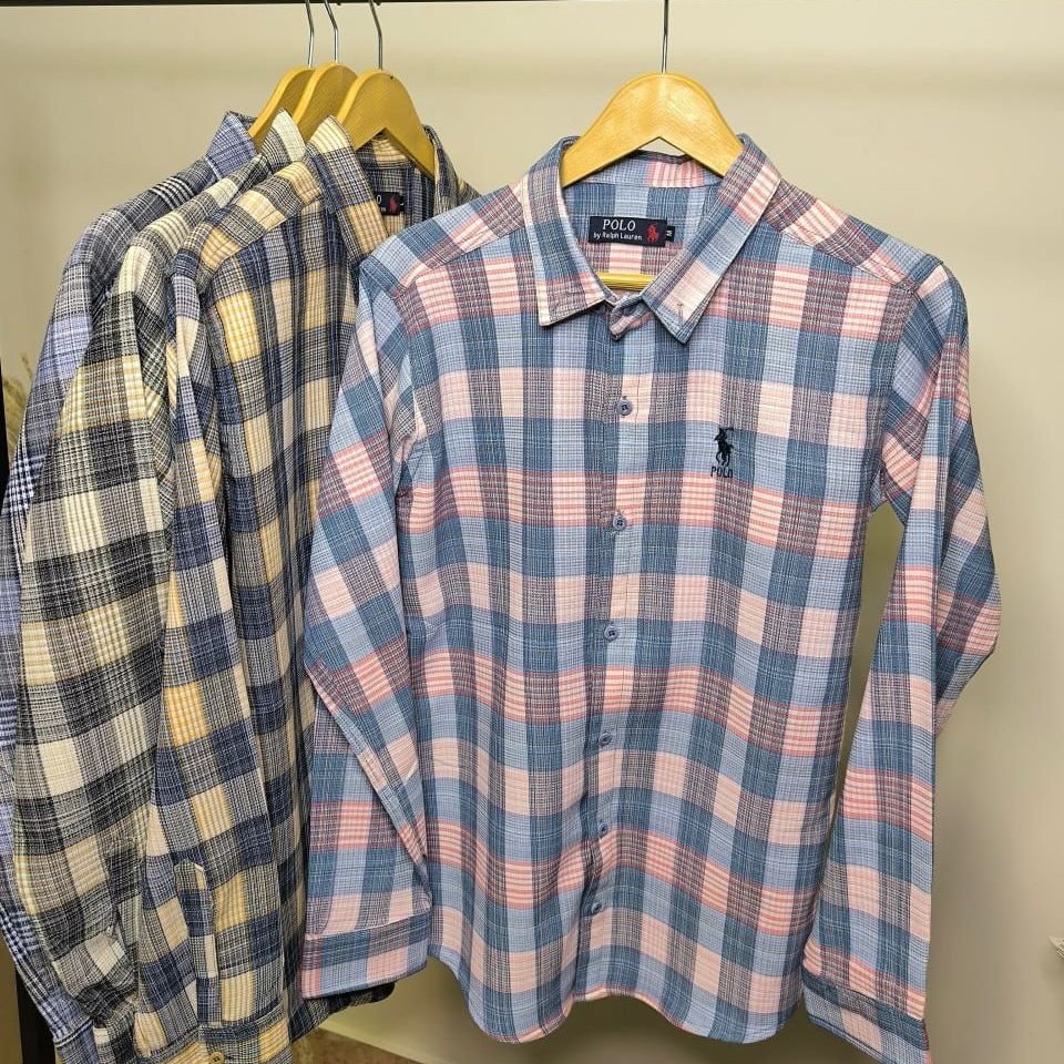 خرید آنلاین پیراهن مردانه چهارخونه بیسکویتی POLO سورمه ای - خردلی