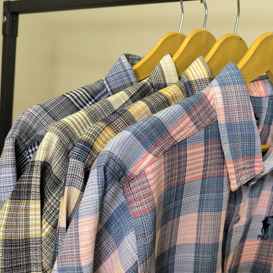 خرید اینترنتی پیراهن مردانه چهارخونه بیسکویتی POLO سورمه ای - خردلی