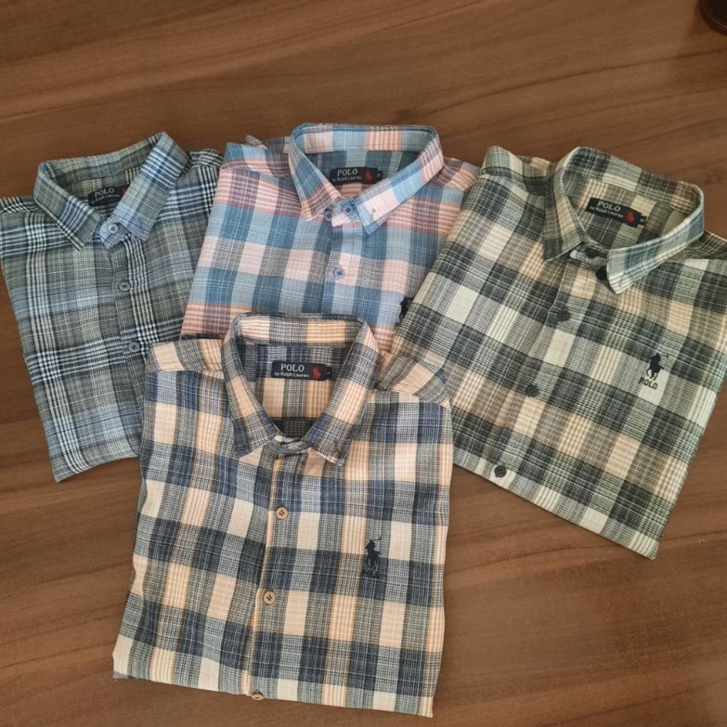 خرید آنلاین پیراهن مردانه چهارخونه بیسکویتی POLO صورتی - آبی